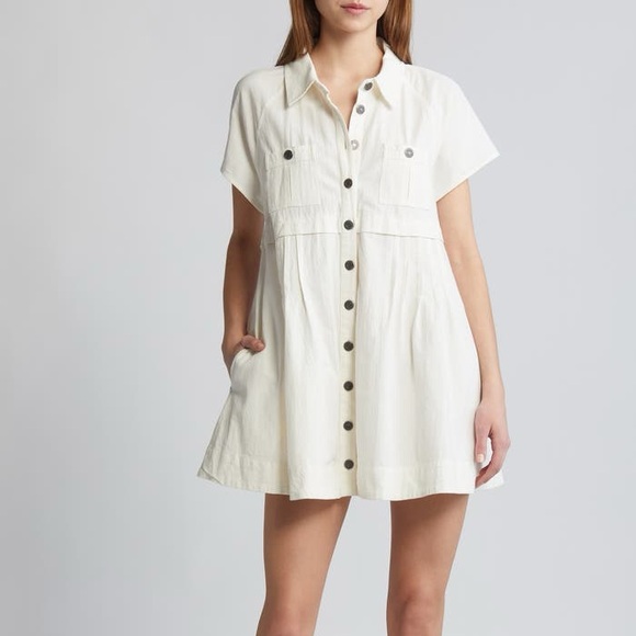 Free People Dresses & Skirts - NWOT Ronnie Cotton Poplin Cream Button Mini Shirtdress Size Small Brunch